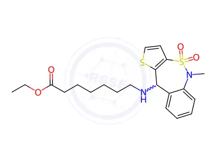 Chemical structure of ethyl 7-((5-methyl-4,4-dioxido-5,10-dihydrobenzo[c]thieno[2,3-f][1,2]thiazepin-10-yl)amino)heptanoate
