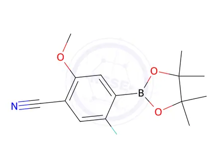 Chemical structure of 5-Fluoro-2-methoxy-4-(4,4,5,5-tetramethyl-1,3,2-dioxaborolan-2-yl)benzonitrile