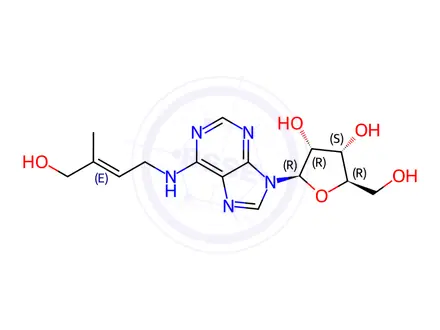 Chemical structure of trans-Zeatin riboside (tZR) [6-((E)-4-hydroxy-3-methylbut-2-enylamino)-9-β-D-ribofuranosylpurine]
