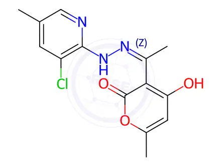 Chemical structure of 3-[(1Z)-1-[2-(3-Chloro-5-methylpyridin-2-yl)hydrazin-1-ylidene]ethyl]-4-hydroxy-6-methyl-2H-pyran-2-one