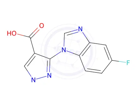 Chemical structure of 3-(5-Fluoro-1H-benzo[d]imidazol-1-yl)-1-methyl-1H-pyrazole-4-carboxylic acid