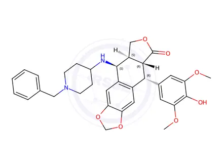 Chemical structure of 4'-O-demethyl-4-((4''-(1''-benzylpiperidinyl))amino)-4-desoxypodophyllotoxin