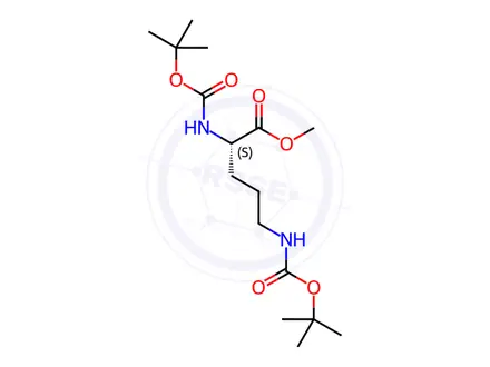 Chemical structure of L-Ornithine, N2,N5-bis[(1,1-dimethylethoxy)carbonyl]-, methyl ester