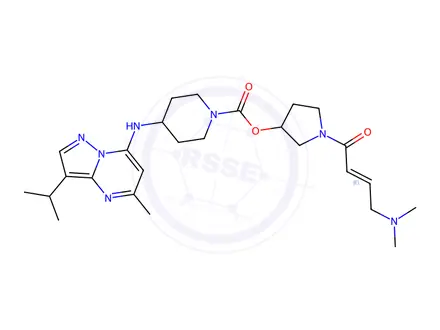 Chemical structure of 1-Piperidinecarboxylic acid, 4-[[5-methyl-3-(1-methylethyl)pyrazolo[1,5-a]pyrimidin-7-yl]amino]-, 1-[(2E)-4-(dimethylamino)-1-oxo-2-buten-1-yl]-3-pyrrolidinyl ester