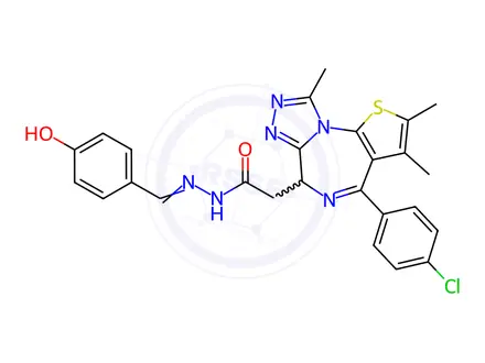 Chemical structure of (S,E)-2-(4-(4-Chlorophenyl)-2,3,9-trimethyl-6H-thieno[3,2-f][1,2,4]triazolo[4,3-a][1,4]diazepin-6-yl)-N'-(4-hydroxybenzylidene)acetohydrazide
