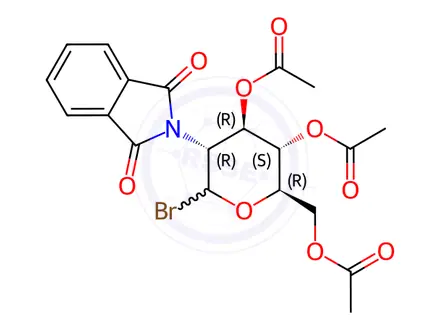 Chemical structure of Bromo 2-Deoxy-2-N-phthalimido-3,4,6-tri-O-acetyl-α,β-D-glucopyranoside (Stabilized with ~2% CaCO3)