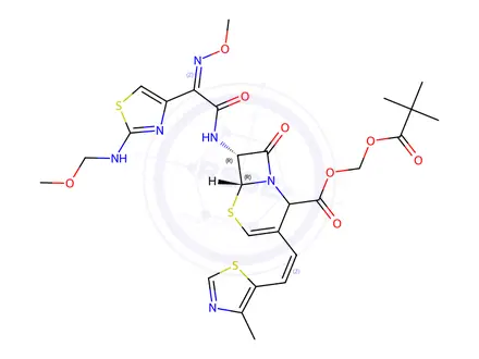 Chemical structure of (6R,7R)-(pivaloyloxy)methyl 7-((Z)-2-(methoxyimino)-2-(2-((methoxymethyl)amino)thiazol-4-yl)acetamido)-3-((Z)-2-(4-methylthiazol-5-yl)vinyl)-8-oxo-5-thia-1-azabicyclo[4.2.0]oct-3-ene-2-carboxylate