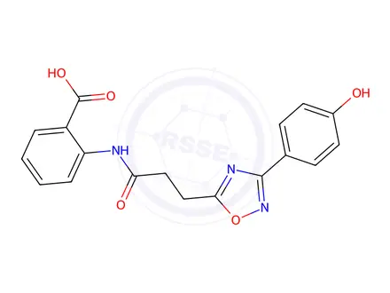 Chemical structure of 2-(3-(3-(4-Hydroxyphenyl)-1,2,4-oxadiazol-5-yl)propanamido)benzoic acid