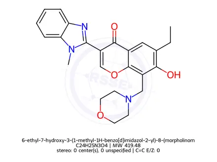 Chemical structure of 6-ethyl-7-hydroxy-3-(1-methyl-1H-benzo[d]imidazol-2-yl)-8-(morpholinomethyl)-4H-chromen-4-one