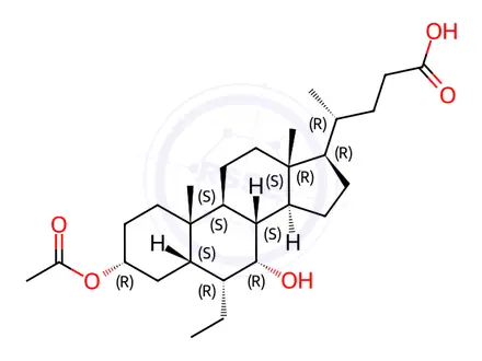 Chemical structure of (3α,5β,6α,7α)-3-(Acetyloxy)-6-ethyl-7-hydroxycholan-24-oic acid
