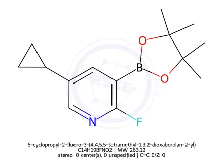 Chemical structure of 5-cyclopropyl-2-fluoro-3-(4,4,5,5-tetramethyl-1,3,2-dioxaborolan-2-yl)pyridine