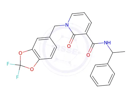 Chemical structure of 1-[(2,2-Difluoro-2H-1,3-benzodioxol-5-yl)methyl]-2-oxo-N-(1-phenylethyl)-1,2-dihydropyridine-3-carboxamide