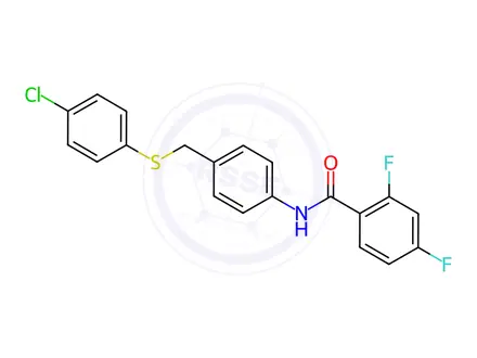 Chemical structure of N-(4-(((4-chlorophenyl)thio)methyl)phenyl)-2,4-difluorobenzamide