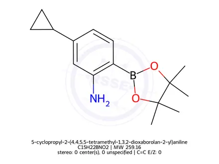 Chemical structure of 5-cyclopropyl-2-(4,4,5,5-tetramethyl-1,3,2-dioxaborolan-2-yl)aniline