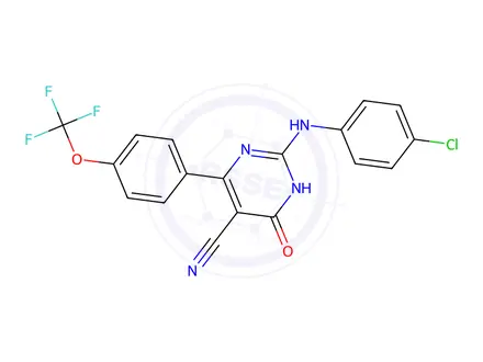 Chemical structure of 2-[(4-Chlorophenyl)amino]-6-oxo-4-[4-(trifluoromethoxy)phenyl]-1,6-dihydropyrimidine-5-carbonitrile