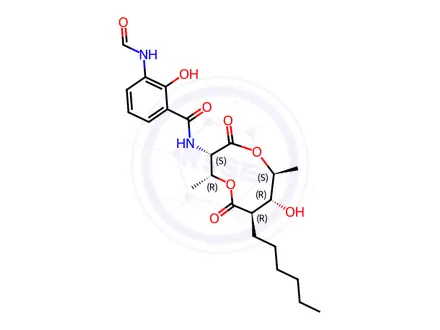 Chemical structure of Benzamide, 3-(formylamino)-N-[(3S,4R,7R,8R,9S)-7-hexyl-8-hydroxy-4,9-dimethyl-2,6-dioxo-1,5-dioxonan-3-yl]-2-hydroxy-(9CI)
