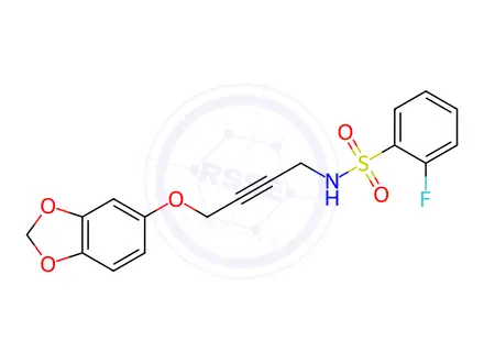 Chemical structure of N-[4-(1,3-benzodioxol-5-yloxy)but-2-ynyl]-2-fluorobenzenesulfonamide