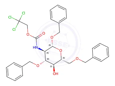 Chemical structure of 2,2,2-Trichloroethyl ((2R,3R,4R,5S,6R)-2,4-bis(benzyloxy)-6-((benzyloxy)methyl)-5-hydroxytetrahydro-2H-pyran-3-yl)carbamate