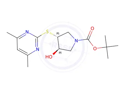 Chemical structure of tert-butyl (3r,4r)-3-[(4,6-dimethylpyrimidin-2-yl)sulfanyl]-4-hydroxypyrrolidine-1-carboxylate