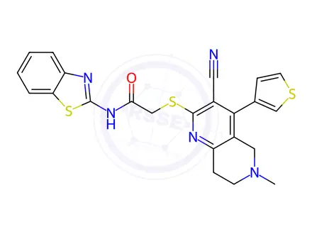 Chemical structure of N-(benzo[d]thiazol-2-yl)-2-((3-cyano-6-methyl-4-(thiophen-3-yl)-5,6,7,8-tetrahydro-1,6-naphthyridin-2-yl)thio)acetamide