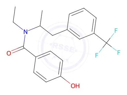 Chemical structure of N-ethyl-4-hydroxy-N-(1-(3-(trifluoromethyl) phenyl)propan-2-yl)benzamide