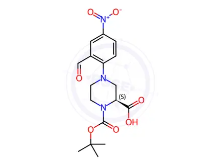 Chemical structure of (S)-1-(tert-Butoxycarbonyl)-4-(2-formyl-4-nitrophenyl)piperazine-2-carboxylic acid