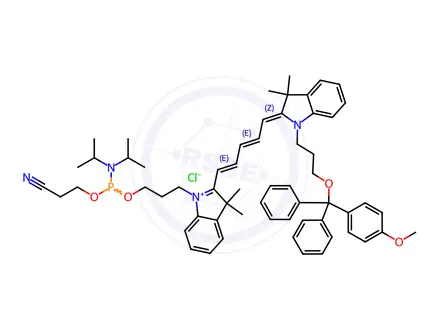 Chemical structure of 3H-Indolium, 2-[5-[1-[3-[[[bis(1-methylethyl)amino](2-cyanoethoxy)phosphino]oxy]propyl]-1,3-dihydro-3,3-dimethyl-2H-indol-2-ylidene]-1,3-pentadien-1-yl]-1-[3-[(4-methoxyphenyl)diphenylmethoxy]propyl]-3,3-dimethyl-, chloride (1:1)