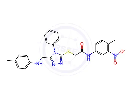 Chemical structure of N-(4-Methyl-3-nitrophenyl)-2-((4-phenyl-5-((p-tolylamino)methyl)-4H-1,2,4-triazol-3-yl)thio)acetamide