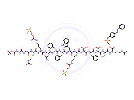 Chemical structure of Somatostatin (sheep reduced), N-[(1,1-dimethylethoxy)carbonyl]-3-[S-[(acetylamino)methyl]-l-cysteine]-4-[N6-[[2-(methylsulfonyl)ethoxy]carbonyl]-l-lysine]-9-[N6-[[2-(methylsulfonyl)ethoxy]carbonyl]-l-lysine]-14-[S-[(acetylamino)methyl]-l-cy