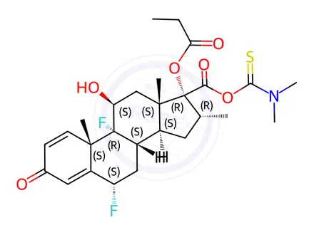 Chemical structure of (6S,8S,9R,10S,11S,13S,14S,16R,17R)-6,9-difluoro-11-hydroxy-10,13,16-trimethyl-3-oxo-17-(propionyloxy)-6,7,8,9,10,11,12,13,14,15,16,17-dodecahydro-3H-cyclopenta[a]phenanthrene-17-carboxylic dimethylcarbamothioic anhydride