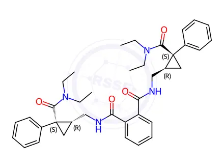 Chemical structure of rel-N1,N2-Bis(((1R,2S)-2-(diethylcarbamoyl)-2-phenylcyclopropyl)methyl)phthalamide