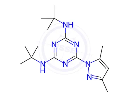 Chemical structure of N,N'-di-tert-butyl-6-(3,5-dimethyl-1H-pyrazol-1-yl)-1,3,5-triazine-2,4-diamine