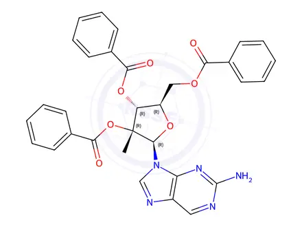 Chemical structure of 2-AMino-9-[(2,3,5-tri-O-benzoyl-2-C-Methyl-β-D-ribofuranosyl)]-9H-purine