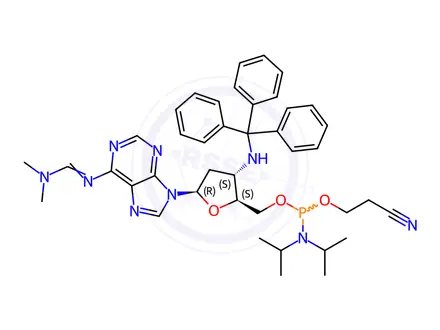 Chemical structure of Adenosine, 2',3'-dideoxy-N-[(dimethylamino)methylene]-3'-[(triphenylmethyl)amino]-, 5'-[2-cyanoethyl N,N-bis(1-methylethyl)phosphoramidite]
