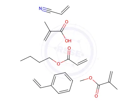 Chemical structure of 2-Propenoic acid, 2-methyl-, polymer with butyl 2-propenoate, ethenylbenzene, methyl 2-methyl-2-propenoate and 2-propenenitrile