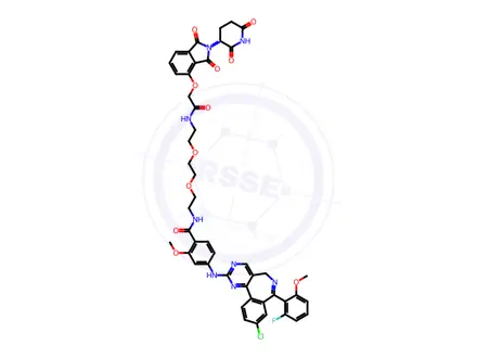 Chemical structure of Benzamide, 4-[[9-chloro-7-(2-fluoro-6-methoxyphenyl)-5H-pyrimido[5,4-d][2]benzazepin-2-yl]amino]-N-[2-[2-[2-[[2-[[2-(2,6-dioxo-3-piperidinyl)-2,3-dihydro-1,3-dioxo-1H-isoindol-4-yl]oxy]acetyl]amino]ethoxy]ethoxy]ethyl]-2-methoxy-