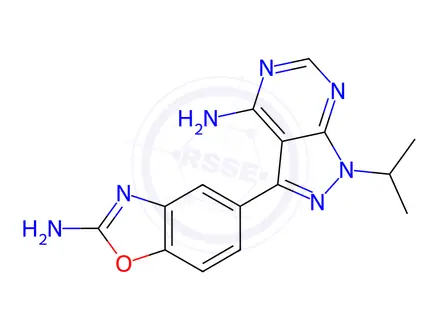Chemical structure of 3-(2-Amino-5-benzoxazolyl)-1-(1-methylethyl)-1H-pyrazolo[3,4-d]pyrimidin-4-amine