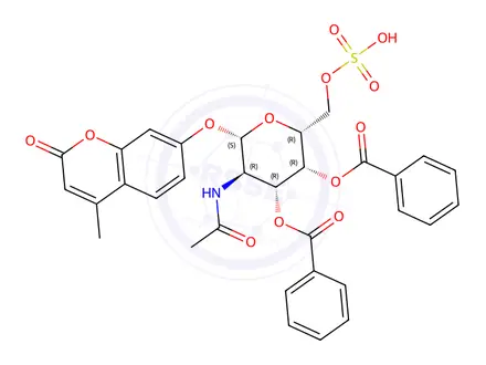 Chemical structure of 4-Methylumbelliferyl 2-Acetamido-2-deoxy-3,4-di-O-benzoyl-β-D-Galactopyranoside 6-Sulfate