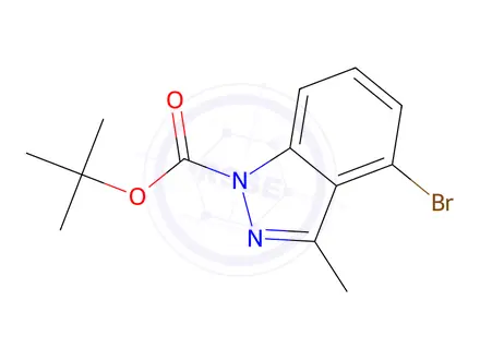 Chemical structure of 1H-indazole-1-carboxylic acid, 4-bromo-3-methyl-, 1,1-dimethylethyl ester