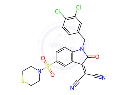 Chemical structure of 2-[1-(3,4-Dichlorobenzyl)-2-oxo-5-(thiomorpholinosulfonyl)indolin-3-ylidene]malononitrile