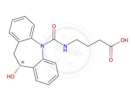 Chemical structure of (R)-4-(10-Hydroxy-10,11-dihydro-5H-dibenzo[b,f]azepine-5-carboxamido)butanoic acid