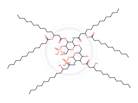 Chemical structure of (2R,3R,4R,5S,6R)-3-((R)-3-(Dodecanoyloxy)tetradecanamido)-2-(((2R,3S,4R,5R,6R)-3-hydroxy-5-((R)-3-hydroxytetradecanamido)-4-(((R)-3-hydroxytetradecanoyl)oxy)-6-(phosphonooxy)tetrah