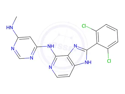 Chemical structure of N4-(2-(2,6-Dichlorophenyl)-3H-iMidazo[4,5-c]pyridin-4-yl)-N6-MethylpyriMidine-4,6-diaMine
