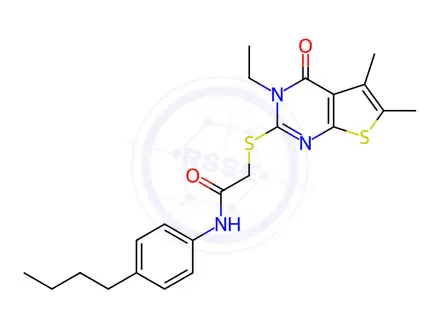 Chemical structure of N-(4-Butylphenyl)-2-((3-ethyl-5,6-dimethyl-4-oxo-3,4-dihydrothieno[2,3-d]pyrimidin-2-yl)thio)acetamide