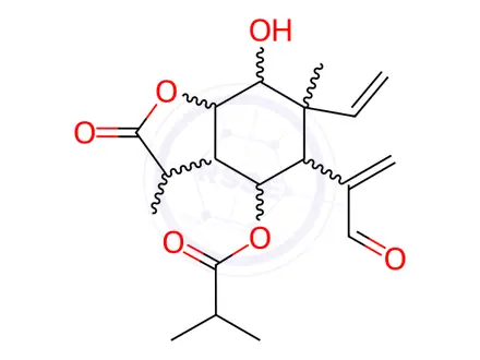 Chemical structure of 2-Methylpropanoic acid 6-vinyl-5-(1-formylvinyl)octahydro-7-hydroxy-3,6-dimethyl-2-oxobenzofuran-4-yl ester