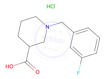 Chemical structure of 1-[(3-fluorophenyl)methyl]piperidine-3-carboxylic acid hydrochloride