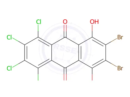 Chemical structure of 2,3-Dibromo-5,6,7,8-tetrachloro-1,4-dihydroxyanthracene-9,10-dione