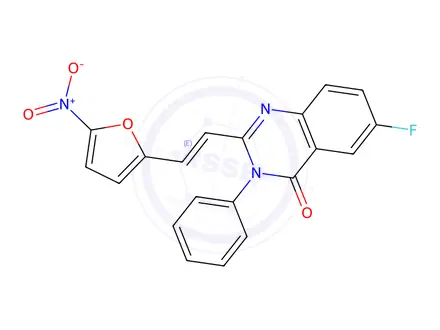 Chemical structure of 4(3H)-Quinazolinone, 6-fluoro-2-[(1E)-2-(5-nitro-2-furanyl)ethenyl]-3-phenyl-