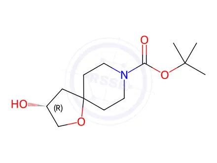 Chemical structure of 1-Oxa-8-azaspiro[4.5]decane-8-carboxylic acid, 3-hydroxy-, 1,1-dimethylethyl ester, (3R)-
