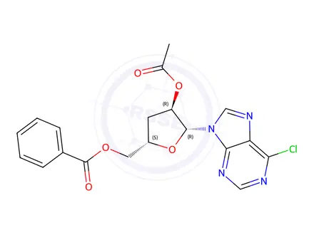 Chemical structure of 9-(2'-O-Acetyl-5'-O-benzoyl-3'-deoxy-beta-D-ribofuranosyl)-6-chloropurine